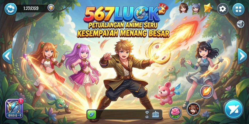 Screenshot gameplay dari 567LUCK yang menampilkan karakter anime yang dinamis.
