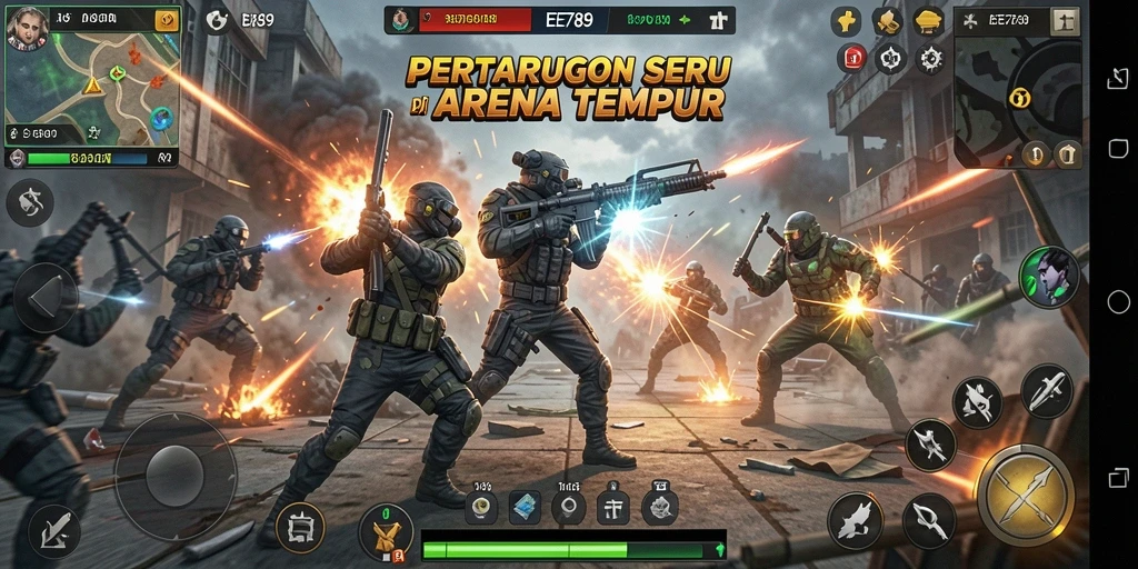 Tampilan seru pertarungan dalam EE789 dengan karakter yang beraksi.