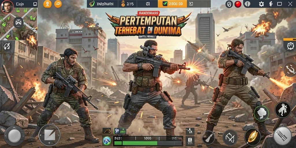 Screenshot gameplay PANDORA99 menunjukkan aksi pertempuran tak terduga di arena Battle Royale.