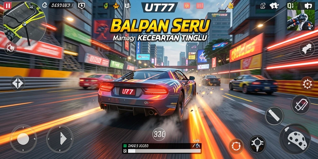 Tangkapan layar UT77 menampilkan momen balapan seru dengan mobil cepat di trek yang menantang.