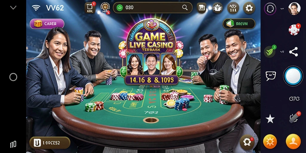 Screenshot gameplay VV62 dengan dealer langsung dan suasana kasino yang otentik.